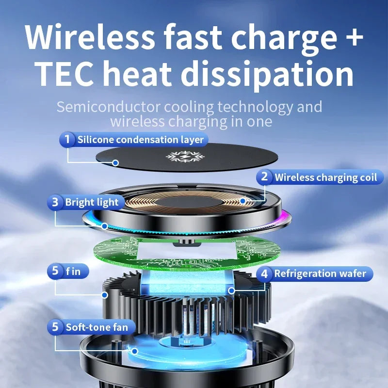 FrozzCharge Auto-Ladegerät | Magnetisches 15W Wireless Charging mit Kühlfunktion | RGB-Licht | iPhone MagSafe-kompatibel
