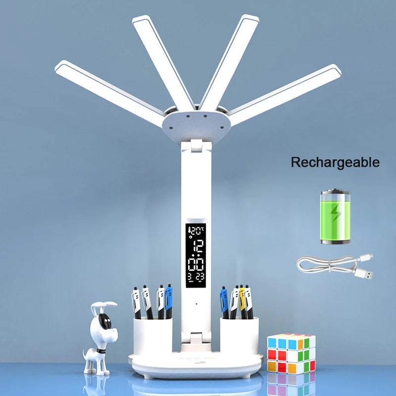 LED-Tischlampe LumiBreeze | Mit Ventilator, Uhr & 3 Lichtfarben | USB-Aufladbar | 3200 mAh Akku | Touch-Steuerung
