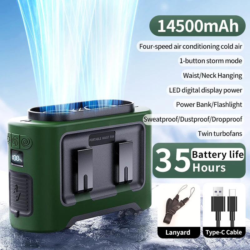 VENTREO StormClip Tragbarer Outdoor-Gürtelventilator 2025 | 5-Stufen Turbo-Wind | 360° Drehclip | Powerbank & LED-Licht