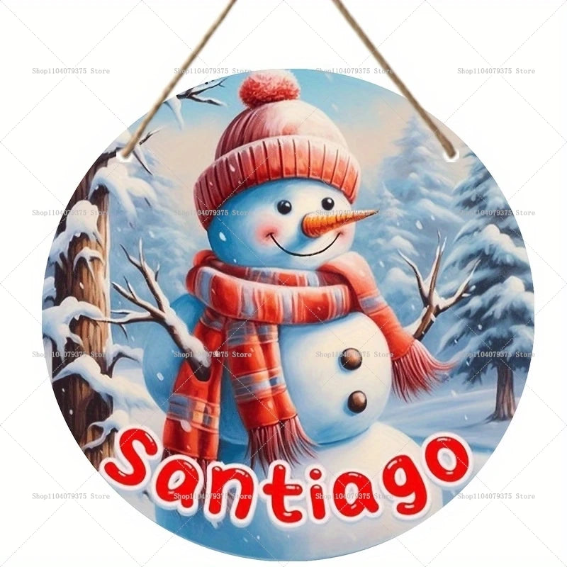 Weihnachtsschild Holz | Runder Hänger mit Schneemann & Weihnachtsmann | Tür- & Wanddeko