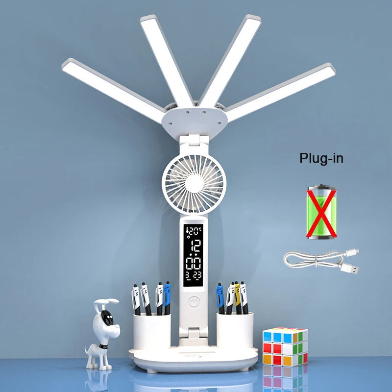 LED-Tischlampe LumiBreeze | Mit Ventilator, Uhr & 3 Lichtfarben | USB-Aufladbar | 3200 mAh Akku | Touch-Steuerung