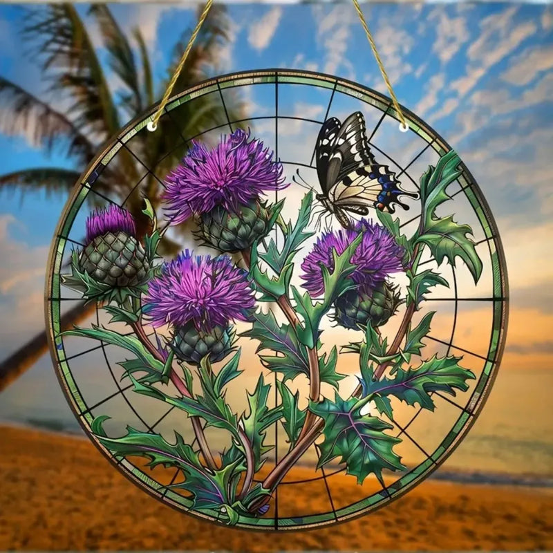 Suncatcher ThistleLight | Rundes Acryl-Fensterbild mit Distel-Motiv | 15–20 cm | Handbemalt & Lichtdurchlässig