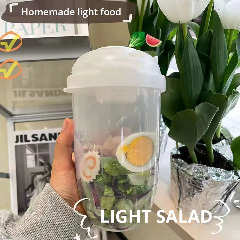 Salatto Salat-to-go Becher 1000 ml | Flaschenförmige Lunchbox mit Gabel & Saucenbehälter | Tragbar & Lebensmittelecht | Weiß/Grün