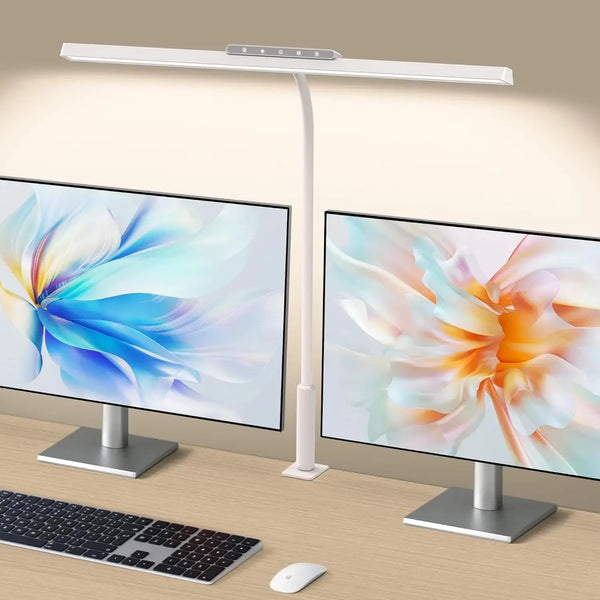 Lumavue LED Schreibtischlampe mit Klemme | Extra Breite Ausleuchtung | Stufenlos Dimmbar & Farbtemperatur einstellbar | Für Home Office & Bildschirmarbeitsplatz