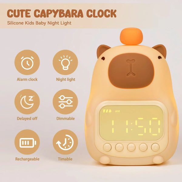 Wecker-Nachtlicht CappyGlow | Capybara-Design | USB-aufladbar 1200 mAh | Dual-Alarm & 30 Min. Auto-Off | Kinder & Schlafzimmer