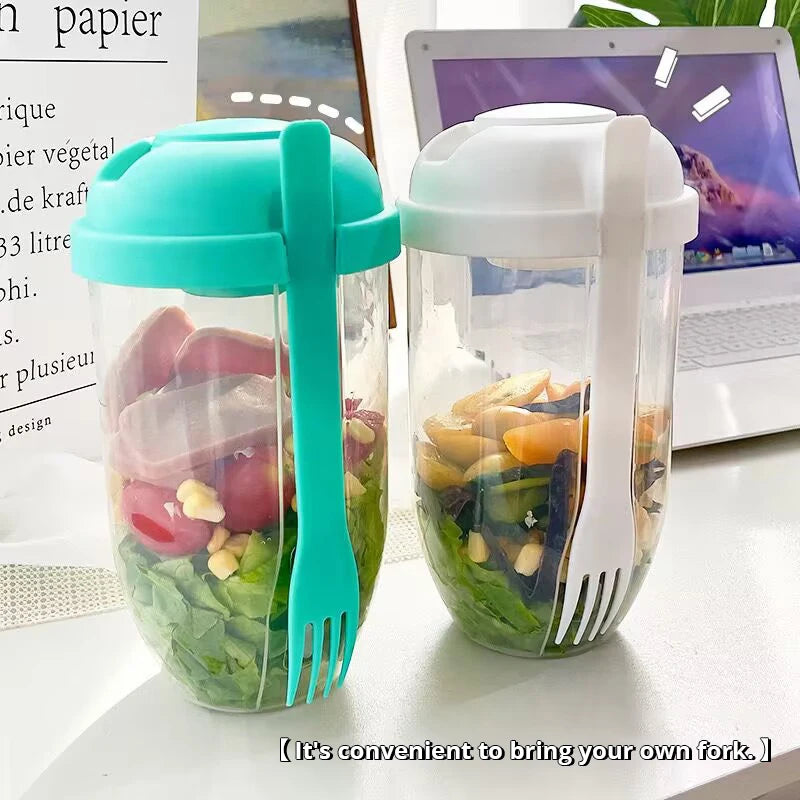 Salatto Salat-to-go Becher 1000 ml | Flaschenförmige Lunchbox mit Gabel & Saucenbehälter | Tragbar & Lebensmittelecht | Weiß/Grün