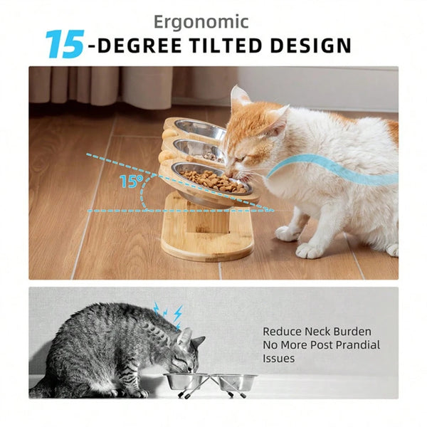Katzennapf-Set Mizuto TrioLift | 3-in-1 Futterstation mit 15° Neigung | Edelstahl-Näpfe & Holzhalterung | Für Katzen & kleine Hunde