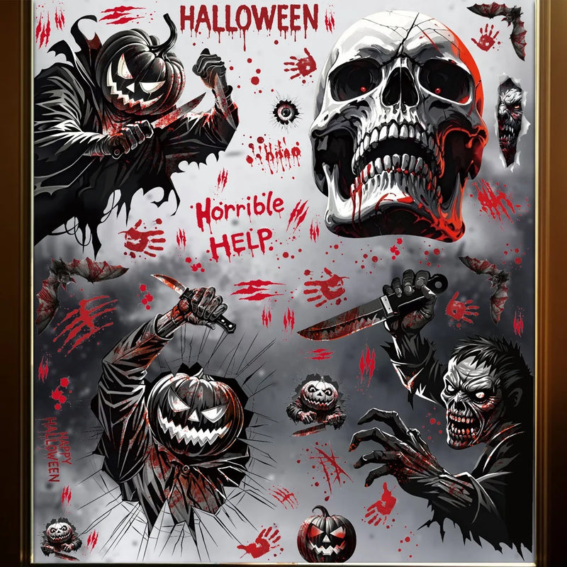 Fensteraufkleber HorrorPumpkins | Halloween Sticker Set | Kürbis, Schädel, Blut-Handabdrücke & Fledermäuse | Wiederverwendbar