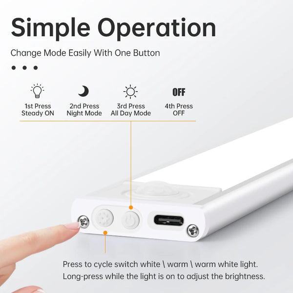 LED Schranklicht LumoSense | Bewegungsmelder & USB-C | 3 Lichtfarben | 20–60 cm