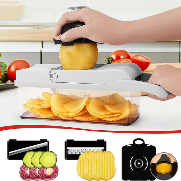 Gemüseschneider 12-in-1 KüchenMeister Pro | Multischneider mit 7 Klingen | Raspeln, Würfeln, Hobeln | BPA-frei & Spülmaschinenfest