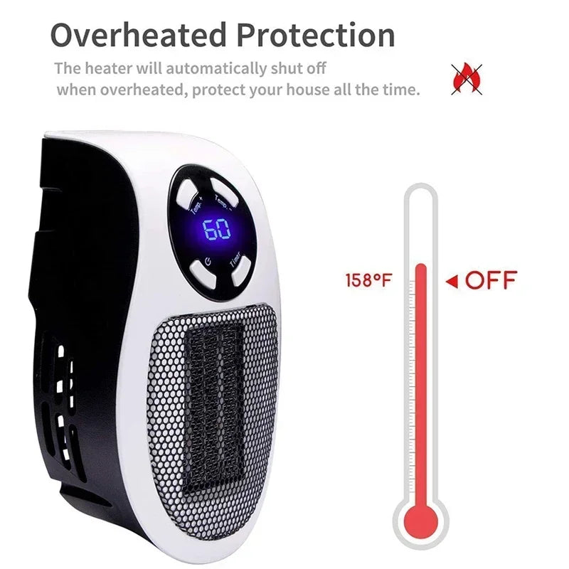 ThermoEase 350W Kompakt-Heizgerät | Wandsteckdosen-Heizung mit Fernbedienung | LED-Display & Timer | 180° Drehstecker