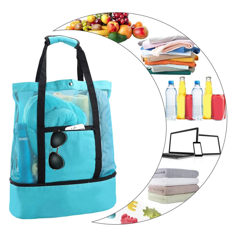 Strandtasche SANDORIA 2-in-1 | Mit Kühlfach & Netzaufbewahrung | Für Spielzeug, Muscheln & Snacks | Leicht & faltbar