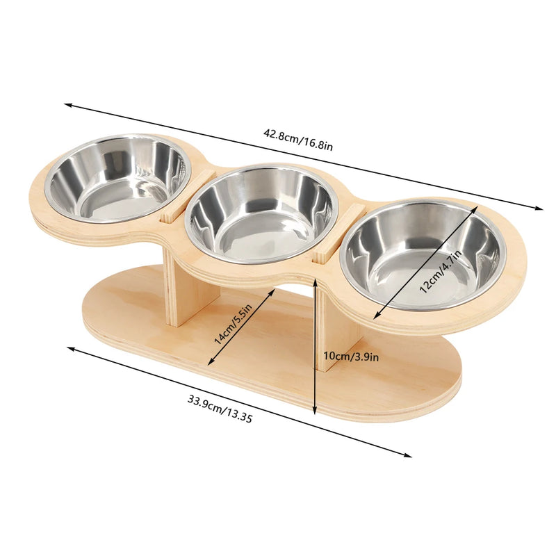 Katzennapf-Set Mizuto TrioLift | 3-in-1 Futterstation mit 15° Neigung | Edelstahl-Näpfe & Holzhalterung | Für Katzen & kleine Hunde