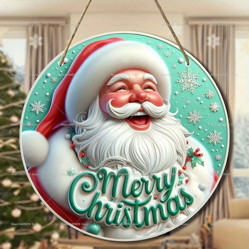 Weihnachtsschild Holz | Runder Hänger mit Schneemann & Weihnachtsmann | Tür- & Wanddeko