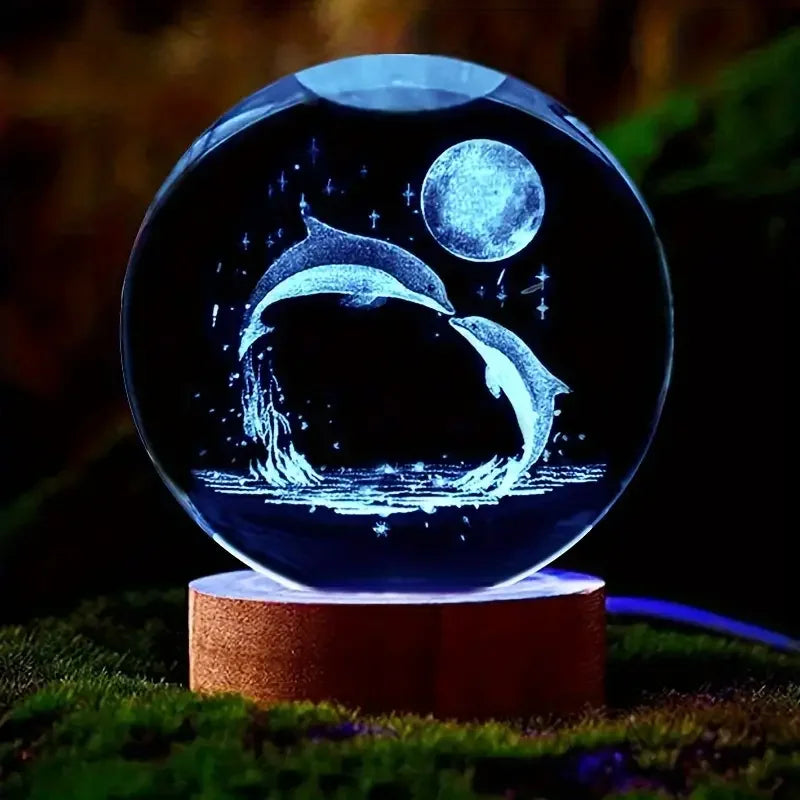 Mariluna Kristallkugel Delfin | 3D-Lasergravur & LED-Sockel | Mond- & Meeresmotiv