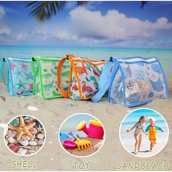 Strandolino Kids Faltbare Strandtasche für Kinder | Mesh-Tasche für Muscheln & Spielzeug | Verstellbarer Tragegurt & Reißverschluss – 25×20×10 cm