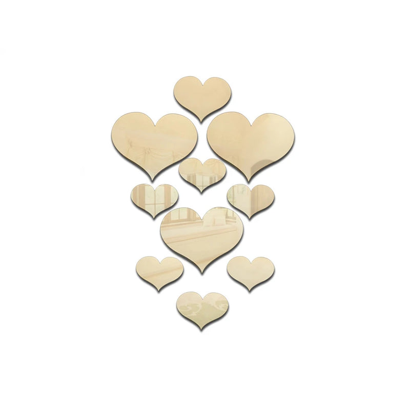 HeartMirro | 3D Wandsticker Herz-Set | Spiegeloptik Gold & Silber | 10-teilig