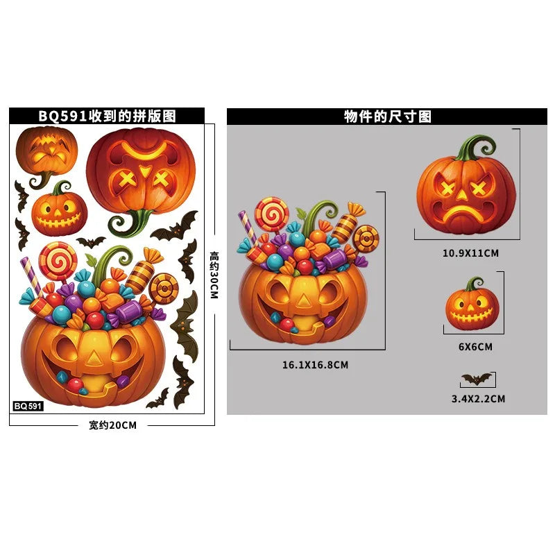 Fensteraufkleber SpookyPumpkins | Halloween Deko Sticker | Kürbis, Katze & Geist | Wiederverwendbar & statisch haftend
