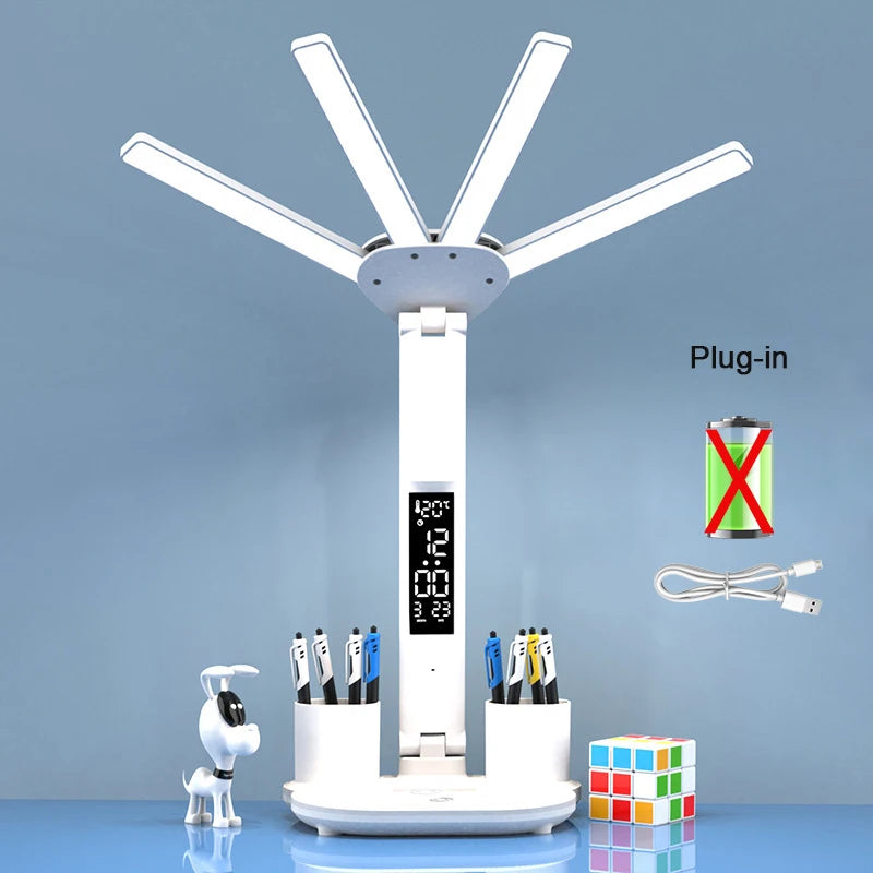 LED-Tischlampe LumiBreeze | Mit Ventilator, Uhr & 3 Lichtfarben | USB-Aufladbar | 3200 mAh Akku | Touch-Steuerung