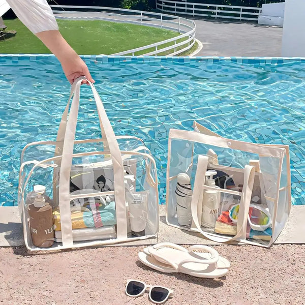 ClearVoyage Transparente Strandtasche aus PVC | Faltbar & Wasserdicht | Mit Reißverschluss & Schultergurt | Für Schwimmbad, Strand & Camping