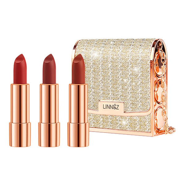 Mattes Lippenstift-Set VelvetMuse Trio | Wasserfest & Langhaftend | Mit Silber-Kettentasche | 3× 3,5 g