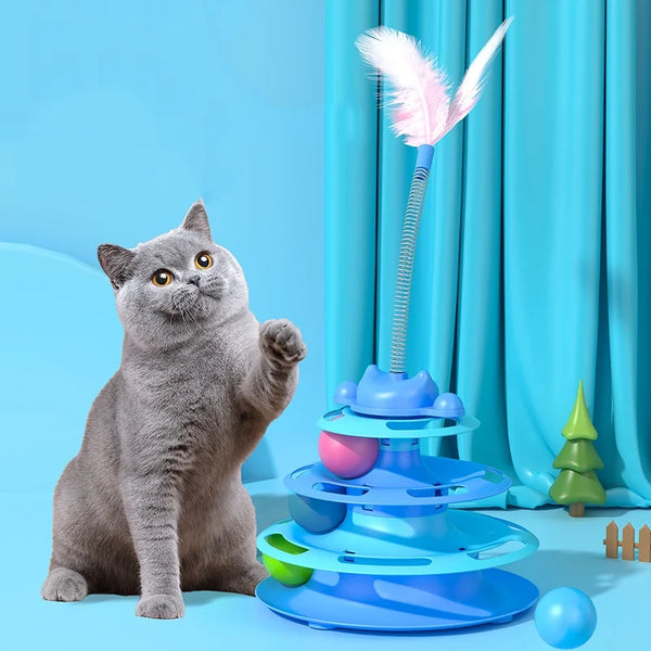 PurrLuxe Katzen Spielturm mit 4 Ebenen | Mit Feder-Spielstab & Bällen | Interaktives Katzenspielzeug