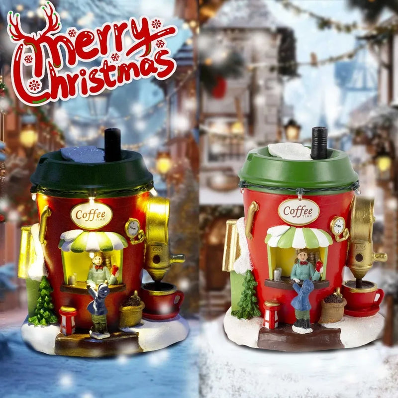 ArcticBrew Weihnachtsdorf Nordpol Kaffeehaus | LED-Beleuchtung & Figuren | Handgefertigtes Dekohaus aus Resin | Batteriebetrieben 13×10×15,5 cm