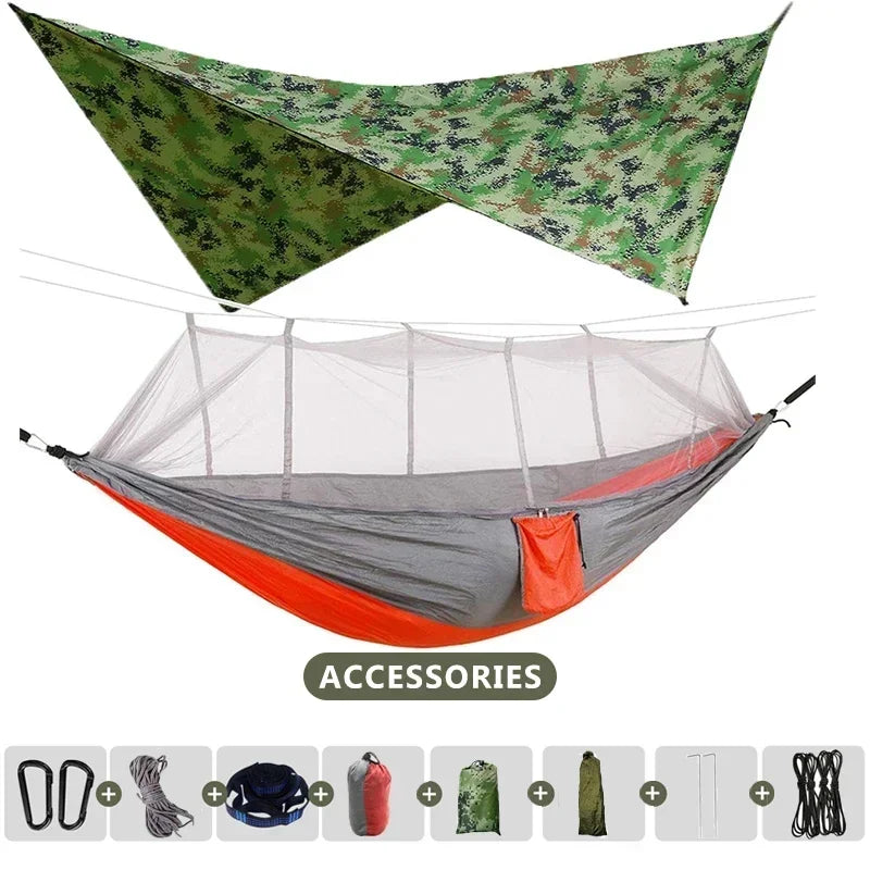 Skyrelax Doppel-Hängematte 260×140 cm mit Moskitonetz & Regendach | Ultraleicht & Tragbar | Für Camping, Wandern & Reisen