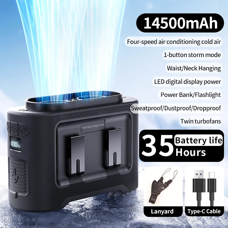 VENTREO StormClip Tragbarer Outdoor-Gürtelventilator 2025 | 5-Stufen Turbo-Wind | 360° Drehclip | Powerbank & LED-Licht