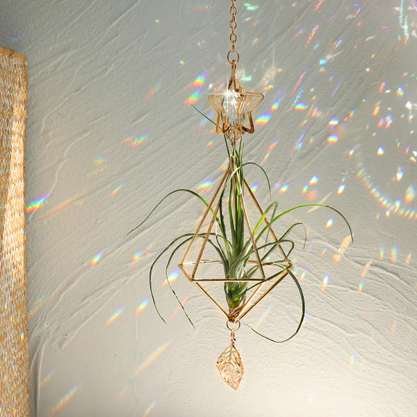 LuftGlanz Geometrischer Pflanzenhalter | Goldener Hängender Airplant-Halter | Dekorativer Suncatcher mit Kristall für Zuhause & Garten