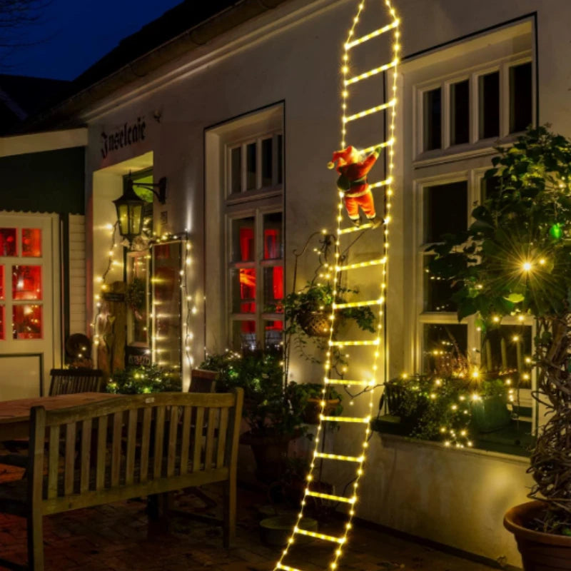 Winterlicht | LED-Weihnachtsdeko | Kletternder Weihnachtsmann mit Leiter | 1,5 m / 3 m | 8 Leuchtmodi | USB