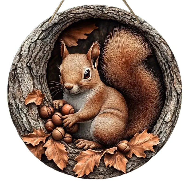 Holzschild AutumnTail | Rundes Willkommensschild mit Eichhörnchen-Motiv | 20–30 cm | Handgefertigte Herbst- & Winterdeko