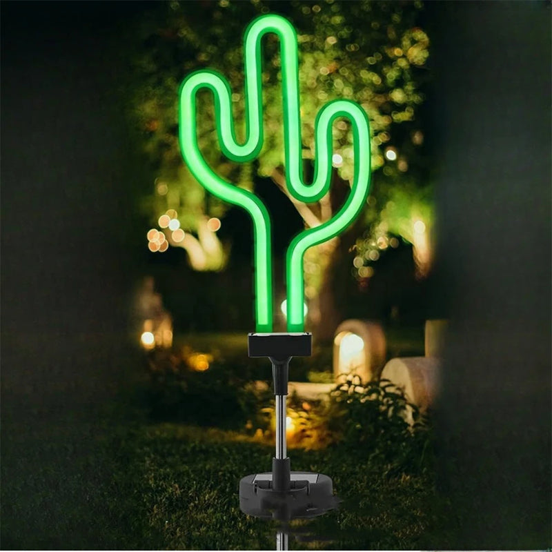 NeonGlow NaturDécor Solar-Neon-Gartenleuchte Cactus & Flamingo | LED Erdspieß IP65 Wasserdicht