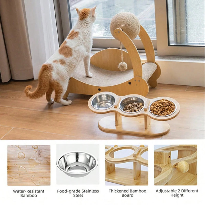 Katzennapf-Set Mizuto TrioLift | 3-in-1 Futterstation mit 15° Neigung | Edelstahl-Näpfe & Holzhalterung | Für Katzen & kleine Hunde