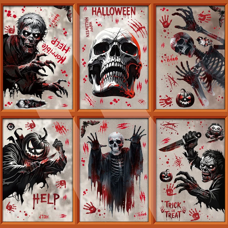 Fensteraufkleber HorrorPumpkins | Halloween Sticker Set | Kürbis, Schädel, Blut-Handabdrücke & Fledermäuse | Wiederverwendbar