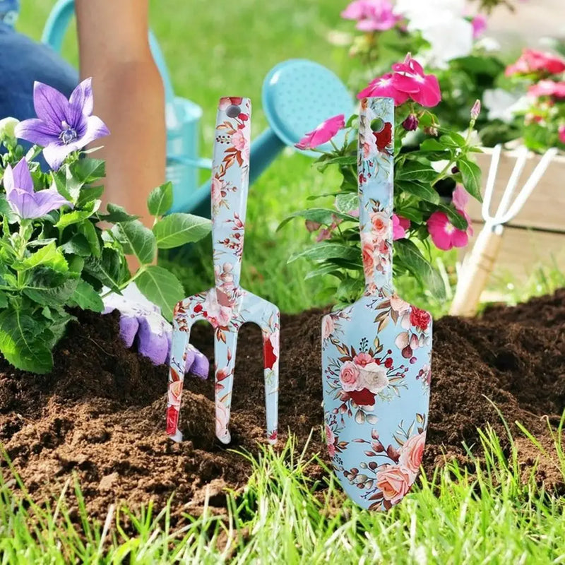 Florivita GardenSet Gartenwerkzeug-Set aus Edelstahl | 2-teilig: Handschaufel & Blumengabel | 26–29,5 cm | Floraldesign in 6 Farben