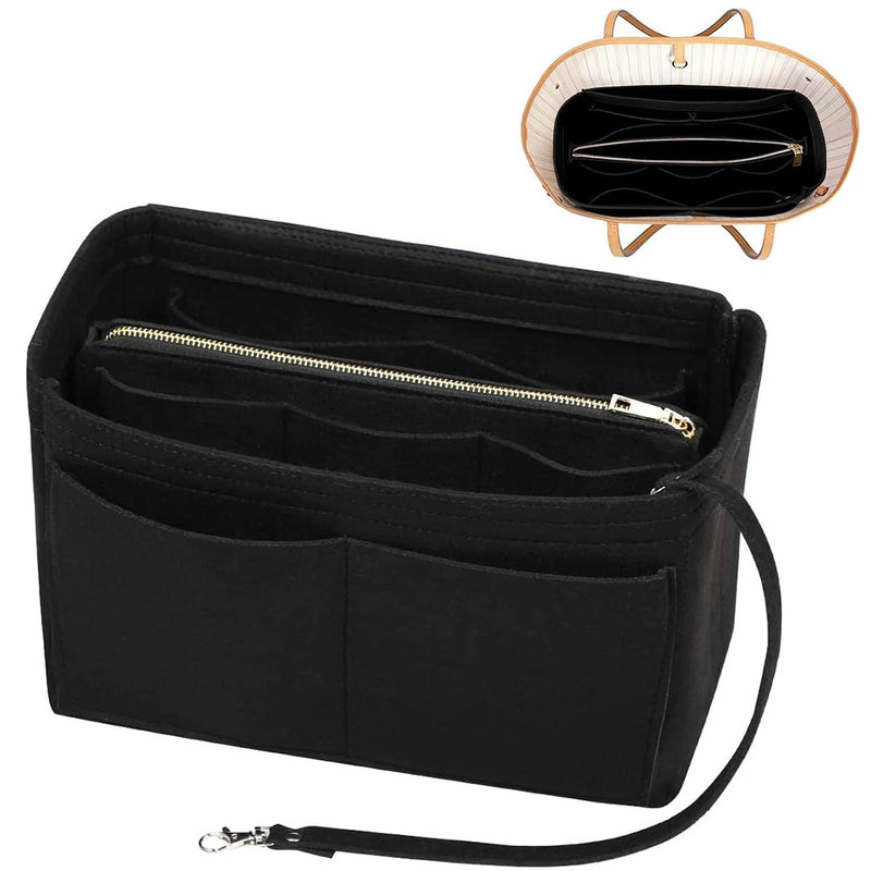 TaschenLuxe Organizer Inlay | Filz-Einsatz mit Reißverschluss | 15 Fächer & Schlüsselband | Für Handtaschen & Shopper