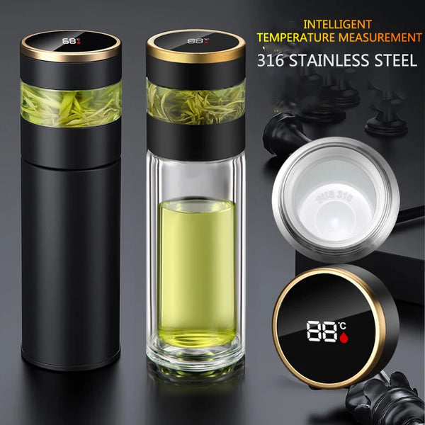 ThermoBrew | Isolierflasche mit LED-Temperaturanzeige & Teesieb | 450 ml | Edelstahl 304 | Schwarz