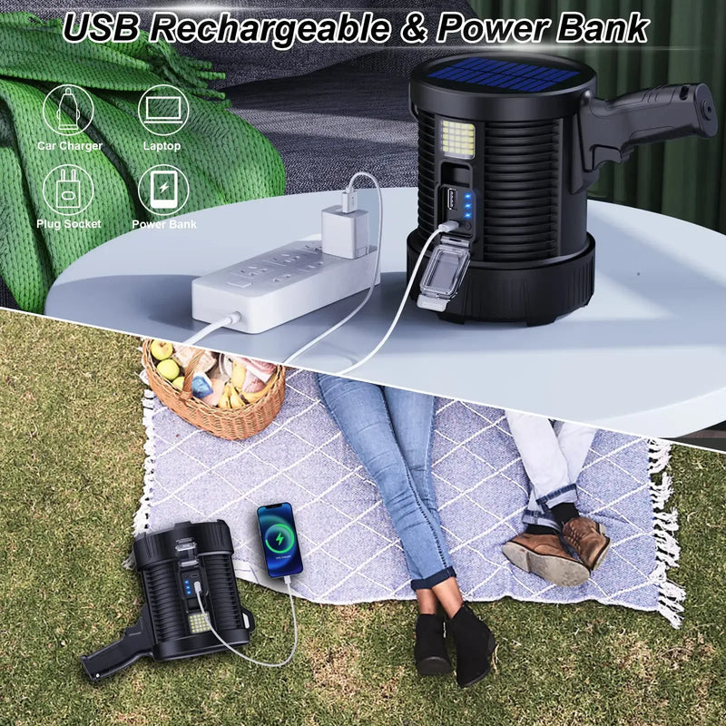 Handscheinwerfer LuminexPro 900K | 900.000 Lumen | 10000 mAh Akku | Solar & USB Ladefunktion | IPX5 Wasserdicht