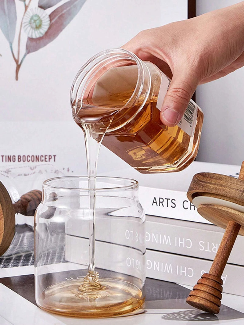 MeliVita Honigglas mit Holzdeckel & Rührstab | Luftdichter Vorratsbehälter aus Glas | Transparentes Honiggefäß für Küche & Frühstückstisch
