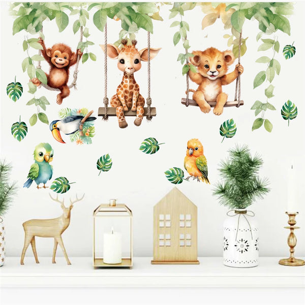 Wandolino JungleSwing Wandsticker Tiere schwingen am Ast | Lustige Dschungel-Tierdeko für Kinderzimmer