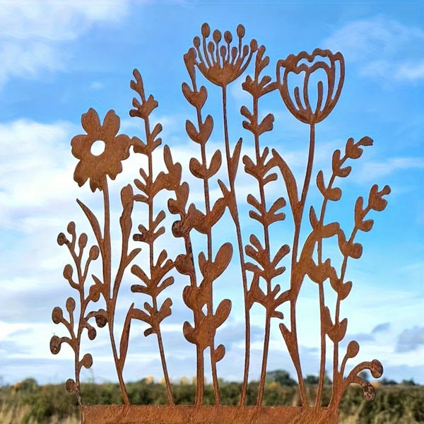 FLORAVINTA Metall-Gartenstecker Wildblume | Rostoptik Vintage-Gelb | Für Beete, Töpfe & Wände | Handgefertigter Landhausstil