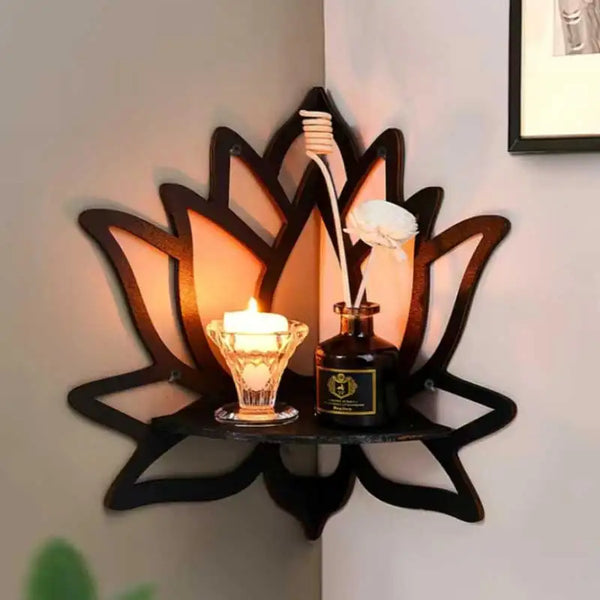 Holumina Boho-Eckregal aus Holz | Lotus-Design mit Hohlschnitt | Für Kristalle & Deko | Schwarz