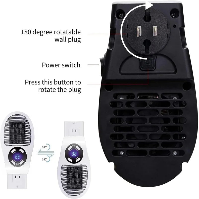EcoHeat Steckdosen-Heizlüfter | Energieeffizient & Leise | Digitaler Thermostat & Timer | EU-Stecker