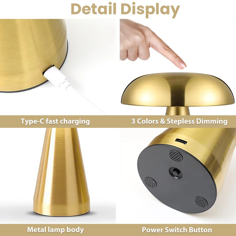 LumoShroom Tischlampe | Retro Pilz-Design | LED & Dimmbar | Wiederaufladbar