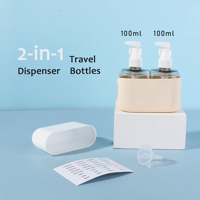 FlexiFill Reiseflaschen Set 2-in-1 | 100 ml Kombiflasche mit Trichter & Etiketten | Für Shampoo, Duschgel, Lotion | Auslaufsicher & TSA-konform
