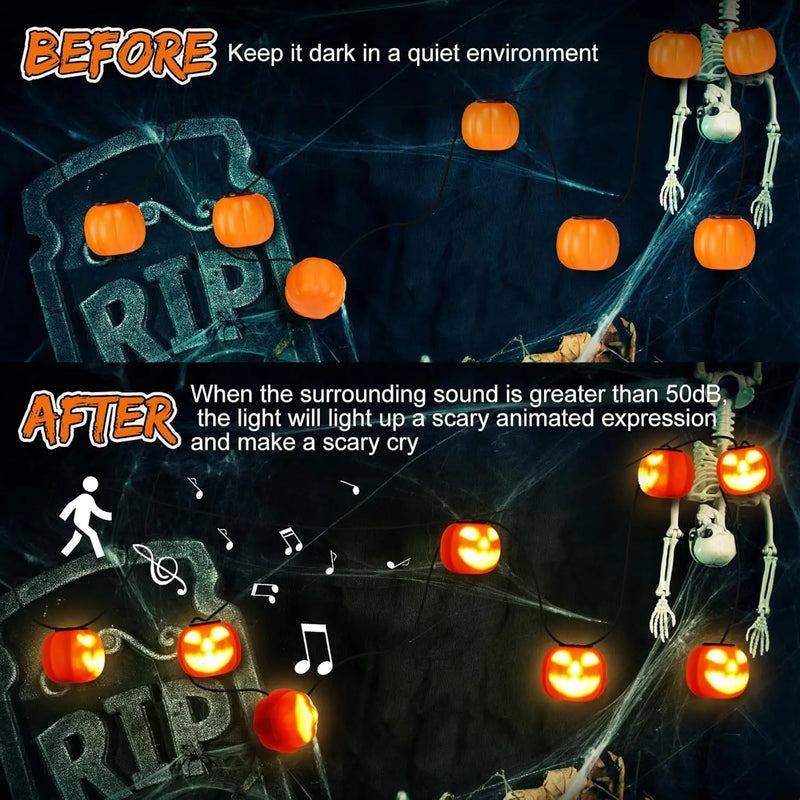 Halloween Lichterkette PumpkinPhantasm | 4,5 m | 8 Leuchtkürbisse mit Sound- & Musikmodus | Fernbedienung & Timer