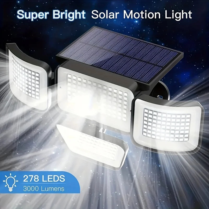 Solar Sicherheitsstrahler LumiWacht 300° | 4 Köpfe | 3000 Lumen | Bewegungsmelder & Dim-Modus | IP65 Wetterfest