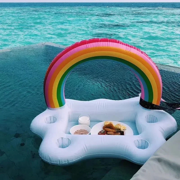 Poolonia Aufblasbarer Schwimmtisch Regenbogen & Wolken | Poolbar mit Getränkehalter & Eisfach | Luftmatratze für Poolparty & Sommer