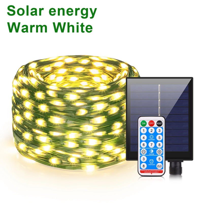 Solar Lichterkette 100M LumiSol ProLine | 8 Modi | IP65 Wasserdicht | Extra helle LEDs | Fernbedienung & Schnellladung | Für Garten, Hochzeit & Weihnachten